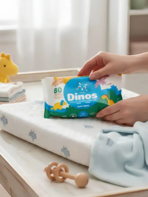 Toallitas húmedas Dinos sobre cambiador en habitación de bebé