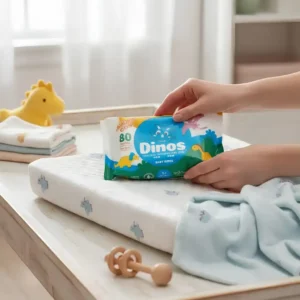 Toallitas húmedas Dinos sobre cambiador en habitación de bebé