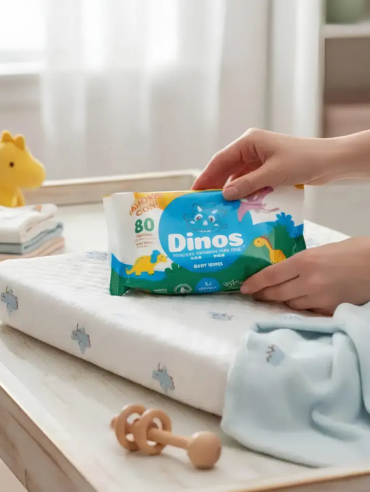Toallitas húmedas Dinos sobre cambiador en habitación de bebé