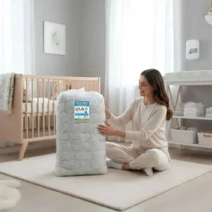 Mamá en habitación de bebé junto a paquete de pañales infantiles de Grupo PLA