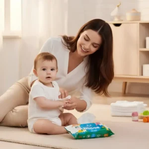 Mamá limpiando bebé con toallitas húmedas Dinos de Grupo PLA
