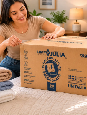 Mujer abriendo caja de pañal predoblado Santa Julia de Grupo PLA