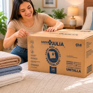 Mujer abriendo caja de pañal predoblado Santa Julia de Grupo PLA