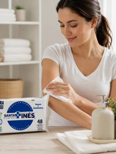 Mujer utilizando toallas húmedas para adulto Santa Inés de Grupo PLA en baño moderno