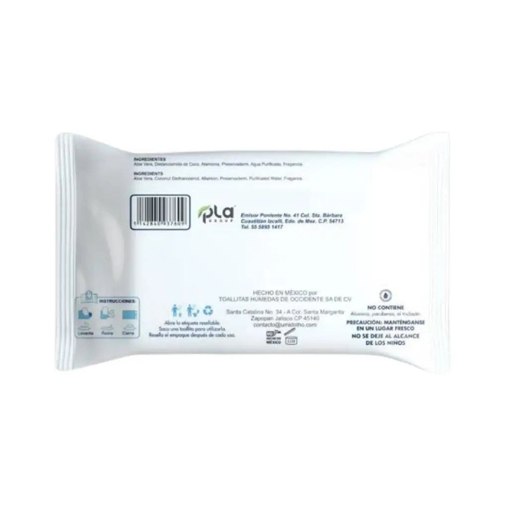 Parte trasera de toallas húmedas para adulto Santa Inés con ingredientes e instrucciones